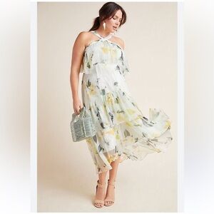 Anthropologie Yellow Gray Pleated A-Line Midi Skirt